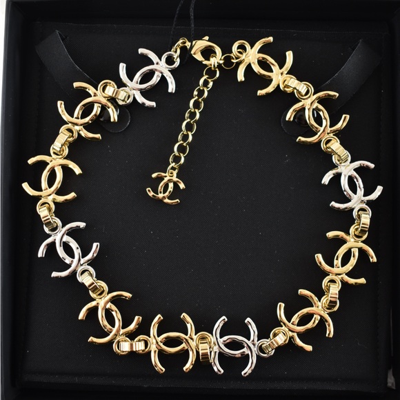 Chanel 26P Gold Silver Mixed Metal CC Logo Chain Link Cuban Choker Necklace - Picture 6 of 15